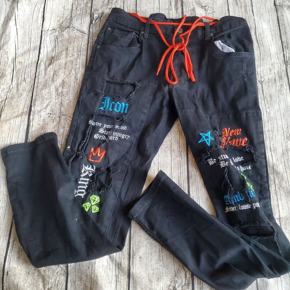 COPPER RIVET "ICON" RIPPED DENIM JEANS Black Size 36/32